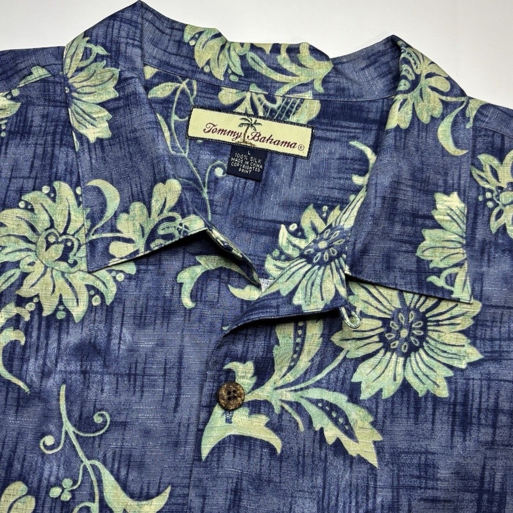 Tommy Bahama Silk Hawaiian Camp Shirt Mens L Blue Floral Button Down Tropical‎